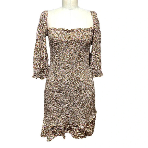 Faithfull The Brand Es Saada Floral Smocked Dress Brown Pink Size 2‎ - Picture 2 of 13